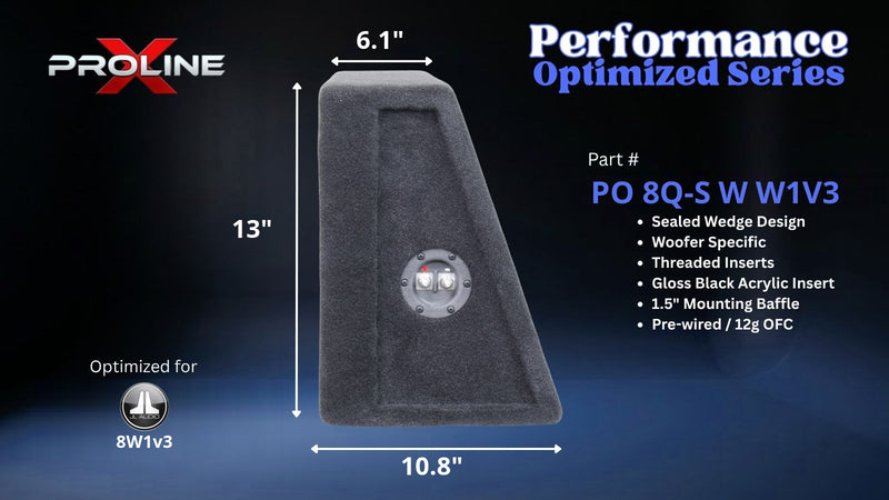 Proline X PO 8Q-S W W1V3 quad 8 inch sealed wide wedge enclosure for the JL Audio 8W1v3, side profile with top and base depth. 44" W x 13" H x 10.79" D at base tapering to 6.06" D at top.