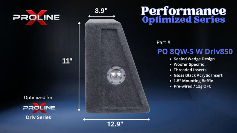 Proline X PO 8QW-S W DRIV850 quad 8 inch sealed wedge enclosure for the Proline X Driv 850, side profile showing the wedge taper and terminal cup. 40" W x 11" H x 12.92" D at base tapering to 8.92" D at top.