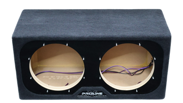 A black double-baffle car audio subwoofer box with a textured fabric cover, showing the MDF interior and wiring through two large circular speaker cutouts.