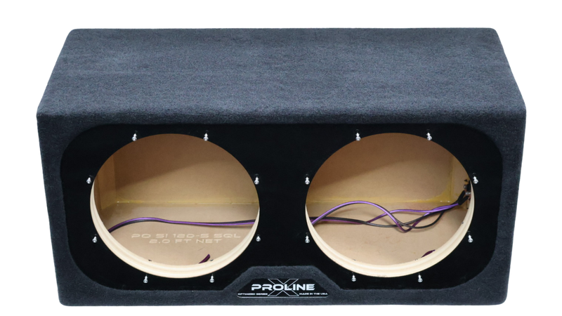 A black double-baffle car audio subwoofer box with a textured fabric cover, showing the MDF interior and wiring through two large circular speaker cutouts.