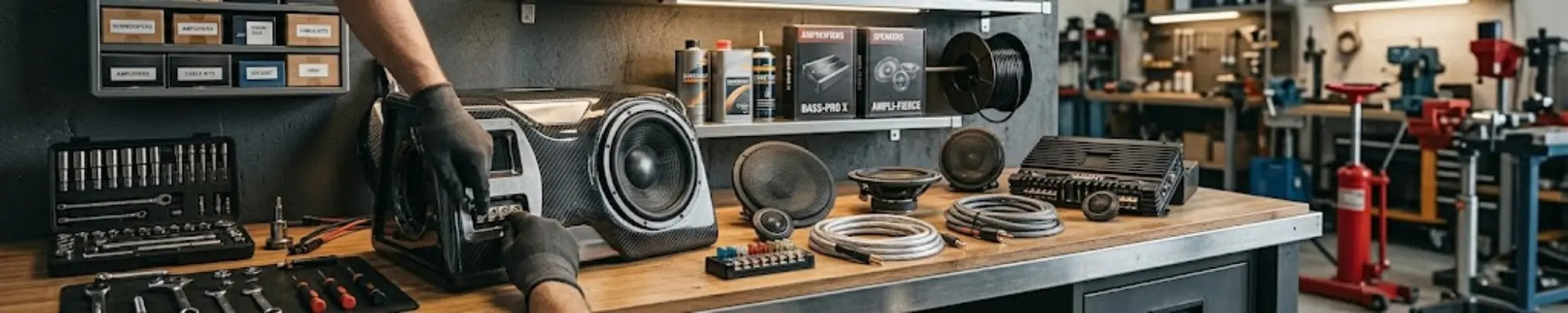 Shop setting with parts laying on a bench