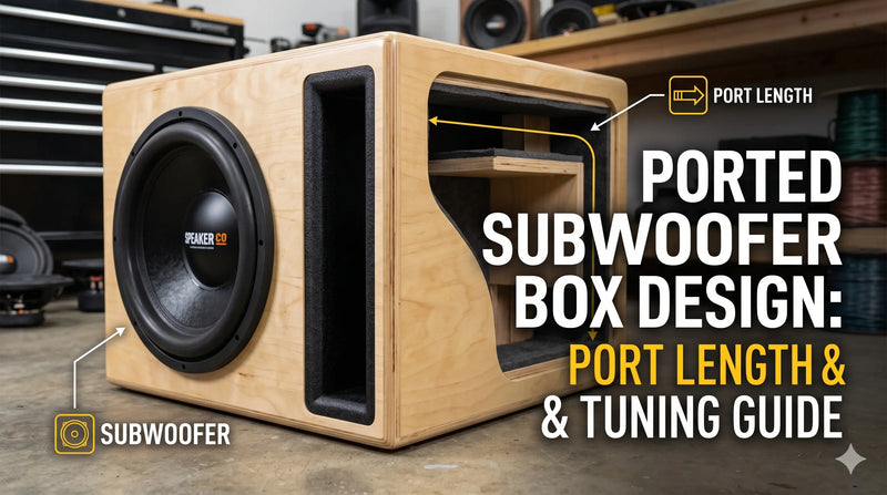 Wooden subwoofer box with labeled parts and text about ported subwoofer design.