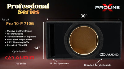 Proline X Pro 10-P 710G Professional Series ported enclosure, front baffle with slot port and branded gloss black acrylic insert, 30 by 14 inches, 53.1 square inches of port area.