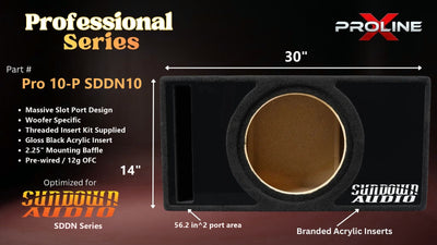 Proline X Pro 10-P SDDN10 Professional Series ported enclosure, front baffle with slot port and branded gloss black acrylic insert, 30 by 14 inches, 56.2 square inches of port area.