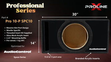Proline X Pro 10-P SPC10 Professional Series ported enclosure, front baffle with slot port and branded gloss black acrylic insert, 30 by 14 inches, 15.6 square inches of port area.