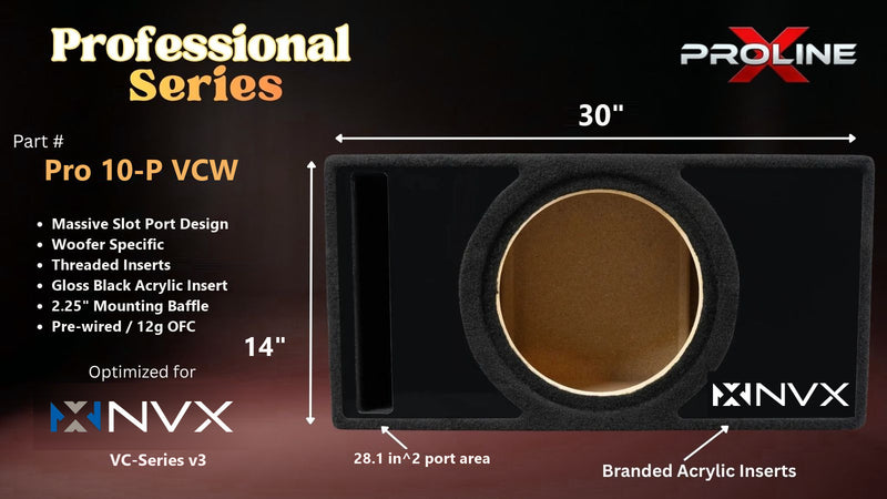 Proline X Pro 10-P VCW Professional Series ported enclosure, front baffle with slot port and branded gloss black acrylic insert, 30 by 14 inches, 28.1 square inches of port area.