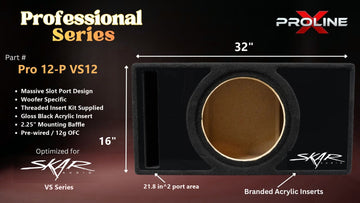 Proline X Pro 12-P VS12 Professional Series ported enclosure, front baffle with slot port and branded gloss black acrylic insert, 32 by 16 inches, 21.8 square inches of port area.