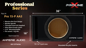 Proline X Pro 15-P AA3 Professional Series ported enclosure, front baffle with slot port and branded gloss black acrylic insert, 36 by 18 inches, 70.1 square inches of port area.