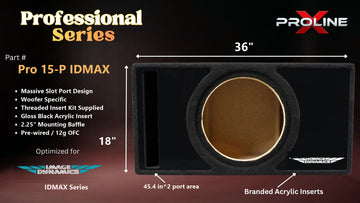 Proline X Pro 15-P IDMAX Professional Series ported enclosure, front baffle with slot port and branded gloss black acrylic insert, 36 by 18 inches, 45.4 square inches of port area.