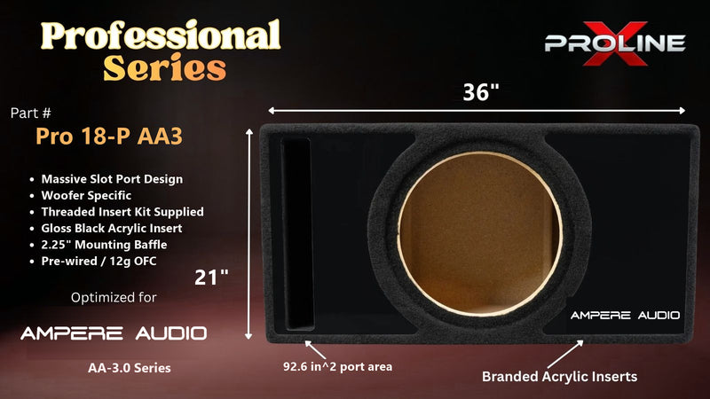Proline X Pro 18-P AA3 Professional Series ported enclosure, front baffle with slot port and branded gloss black acrylic insert, 36 by 21 inches, 92.6 square inches of port area.