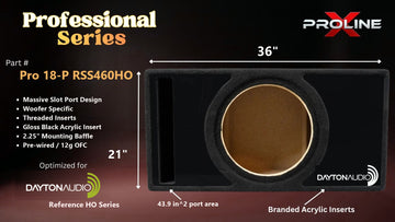 Proline X Pro 18-P RSS460HO Professional Series ported enclosure, front baffle with slot port and branded gloss black acrylic insert, 36 by 21 inches, 43.9 square inches of port area.
