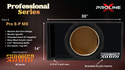 Proline X Pro 8-P M8 Professional Series ported enclosure, front baffle with slot port and branded gloss black acrylic insert, 30 by 14 inches, 21.9 square inches of port area.