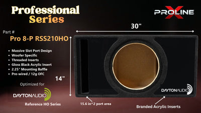 Proline X Pro 8-P RSS210HO Professional Series ported enclosure, front baffle with slot port and branded gloss black acrylic insert, 30 by 14 inches, 15.6 square inches of port area.