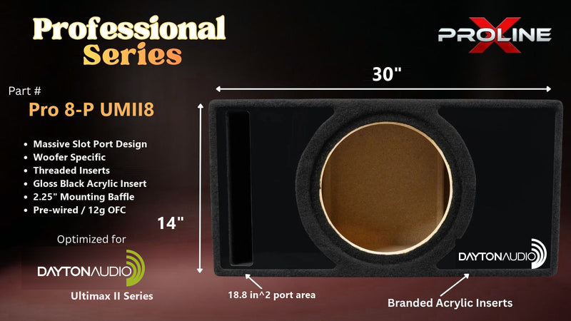Proline X Pro 8-P UMII8 Professional Series ported enclosure, front baffle with slot port and branded gloss black acrylic insert, 30 by 14 inches, 18.8 square inches of port area.