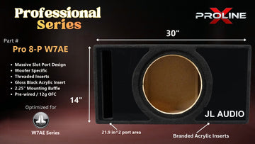 Proline X Pro 8-P W7AE Professional Series ported enclosure, front baffle with slot port and branded gloss black acrylic insert, 30 by 14 inches, 21.9 square inches of port area.