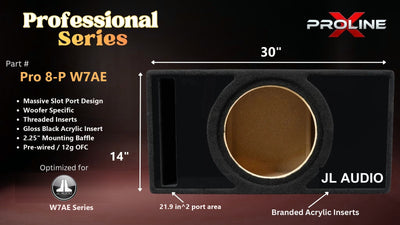 Proline X Pro 8-P W7AE Professional Series ported enclosure, front baffle with slot port and branded gloss black acrylic insert, 30 by 14 inches, 21.9 square inches of port area.