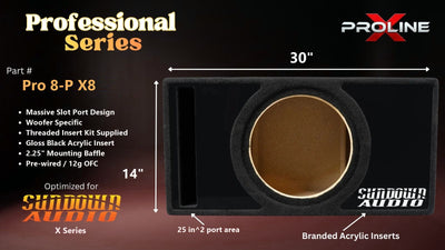 Proline X Pro 8-P X8 Professional Series ported enclosure, front baffle with slot port and branded gloss black acrylic insert, 30 by 14 inches, 25 square inches of port area.