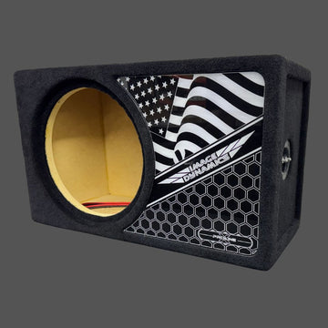 Car subwoofer enclosure with American flag design on a gray background