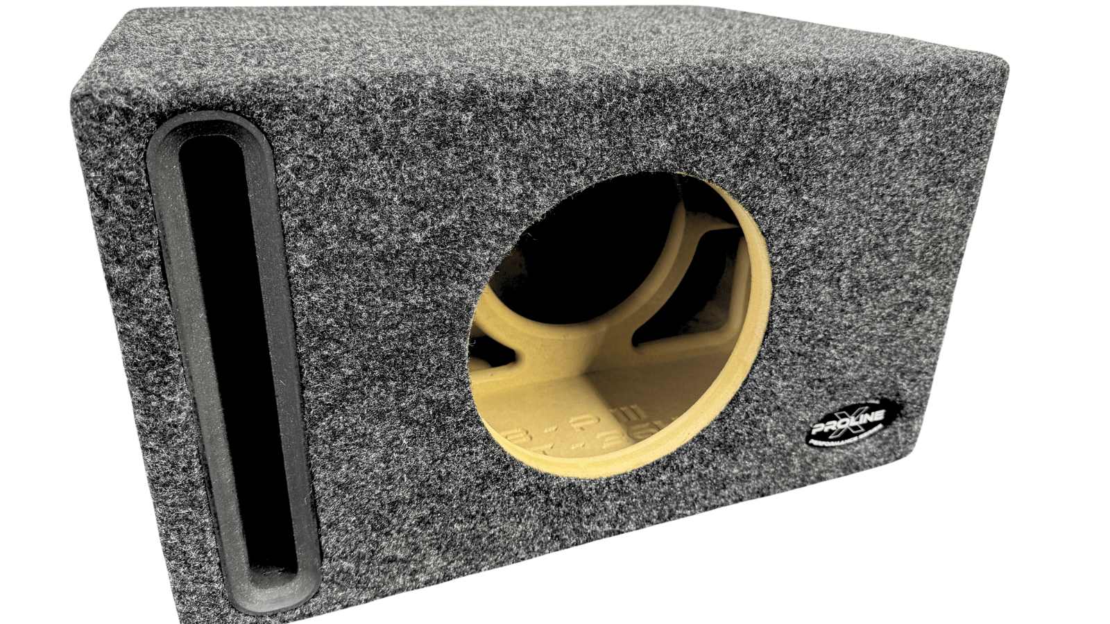 Car audio subwoofer enclosure with brand logo on a white background