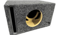 Car audio subwoofer enclosure with brand logo on a white background