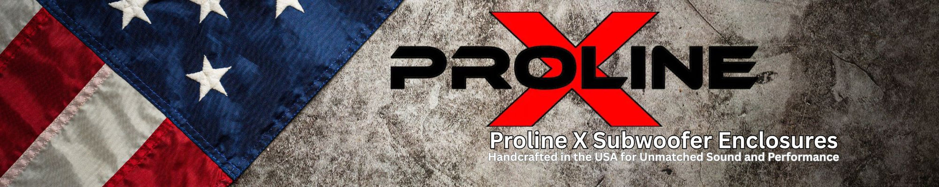 Proline X subwoofer enclosures logo with American flag design on a banner.