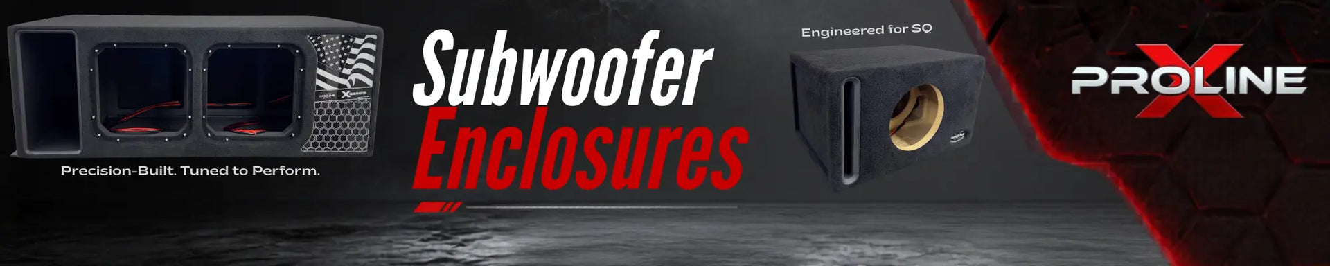 Subwoofer enclosure banner image with sub enclosures from proline x