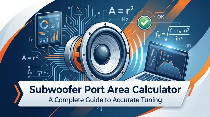 Subwoofer port area calculator with technical graphics and text on a blue and orange background