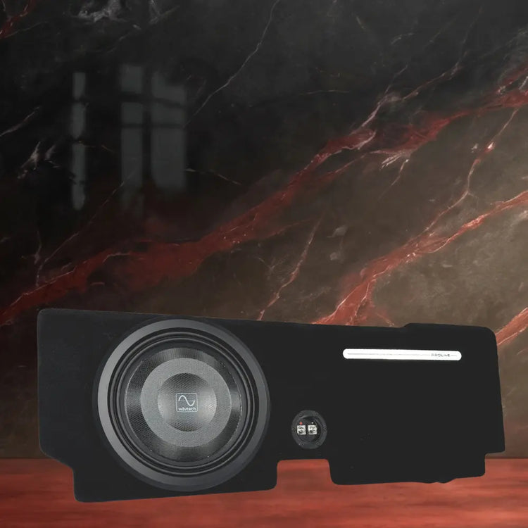Black electronic device with a circular component on a dark, textured background