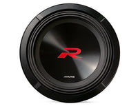 Alpine R2-W12D2 12 inch R-Series subwoofer, front view with the red R logo and cosmetic trim ring