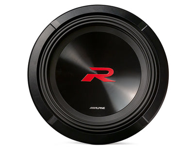 Alpine R2-W12D2 12 inch R-Series subwoofer, front view with the red R logo and cosmetic trim ring