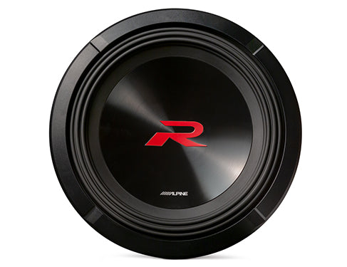 Alpine R2-W12D2 12 inch R-Series subwoofer, front view with the red R logo and cosmetic trim ring