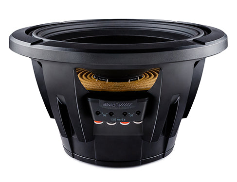 Side of the Alpine R2-W12D2 showing the basket, voice coil leads and push-type terminals