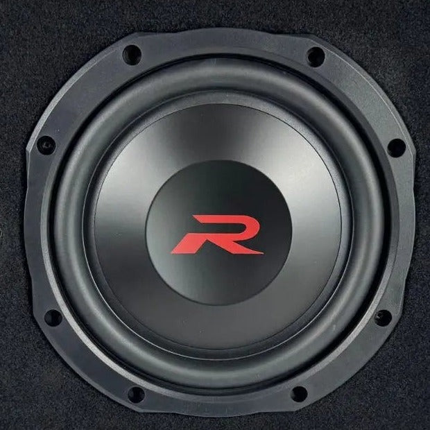 Alpine RS-W10D4 10-inch shallow subwoofer, the driver installed in this 2024-2026 Ford F-150, F-250 and F-350 behind-seat enclosure