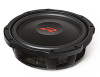 Alpine RS-W12D2 R-Series shallow 12 inch subwoofer at an angle, showing the red R logo cone and slim die-cast frame