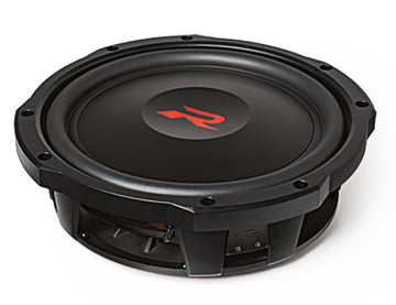 Alpine RS-W12D2 R-Series shallow 12 inch subwoofer at an angle, showing the red R logo cone and slim die-cast frame