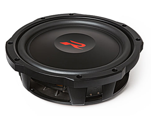 Alpine RS-W12D2 R-Series shallow 12 inch subwoofer at an angle, showing the red R logo cone and slim die-cast frame