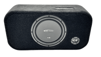 A black car audio subwoofer box with a textured fabric cover, featuring a large silver and black Arc Audio subwoofer driver and a small silver port plug on the front, shown against a plain white background.