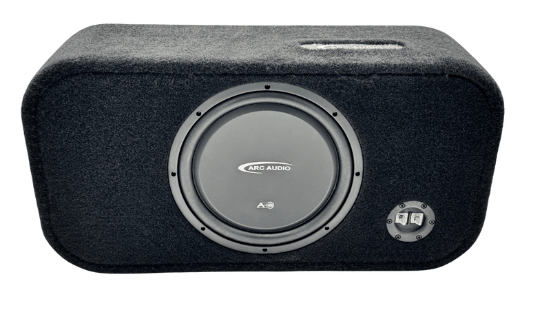 A black car audio subwoofer box with a textured fabric cover, featuring a large silver and black Arc Audio subwoofer driver and a small silver port plug on the front, shown against a plain white background.