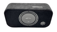 A black Arc Audio subwoofer enclosure with a textured fabric cover, featuring a large circular subwoofer driver and a BNC input connector on a white background.