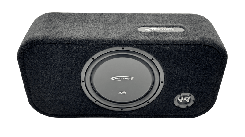 A black Arc Audio subwoofer enclosure with a textured fabric cover, featuring a large circular subwoofer driver and a BNC input connector on a white background.