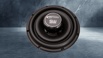 Arc Audio SW10 10 inch shallow-mount subwoofer, front view showing the ARC AUDIO SW Series dust cap and black rubber surround