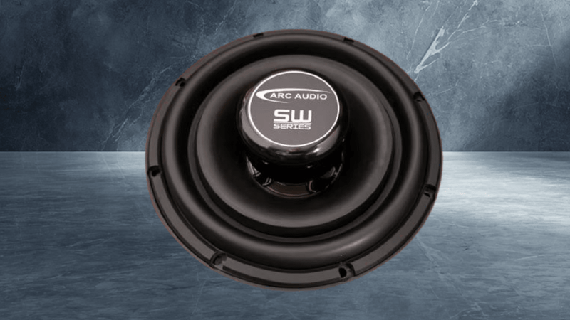Arc Audio SW10 10 inch shallow-mount subwoofer, front view showing the ARC AUDIO SW Series dust cap and black rubber surround