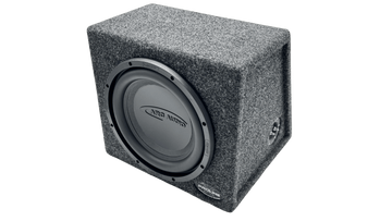 A gray carpeted car audio subwoofer box with a large gray speaker cone, shown at a three-quarter angle on a white background.