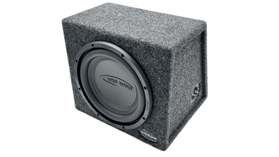 A gray carpeted car audio subwoofer box with a large gray speaker cone, shown at a three-quarter angle on a white background.