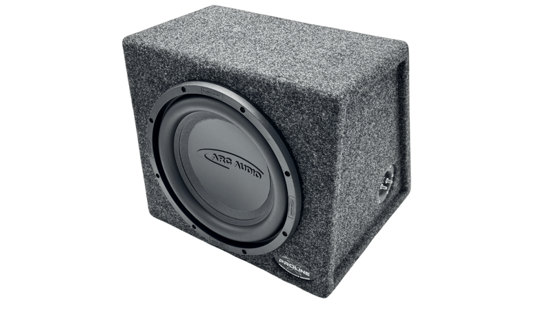 A gray carpeted car audio subwoofer box with a large gray speaker cone, shown at a three-quarter angle on a white background.