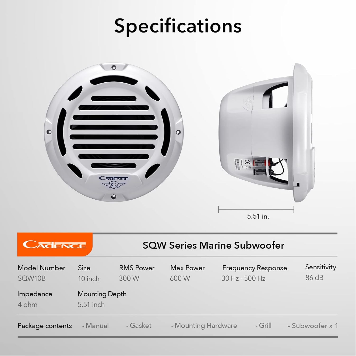 Cadence SQW10W 10″ White Marine Subwoofer  (Single) Cadence