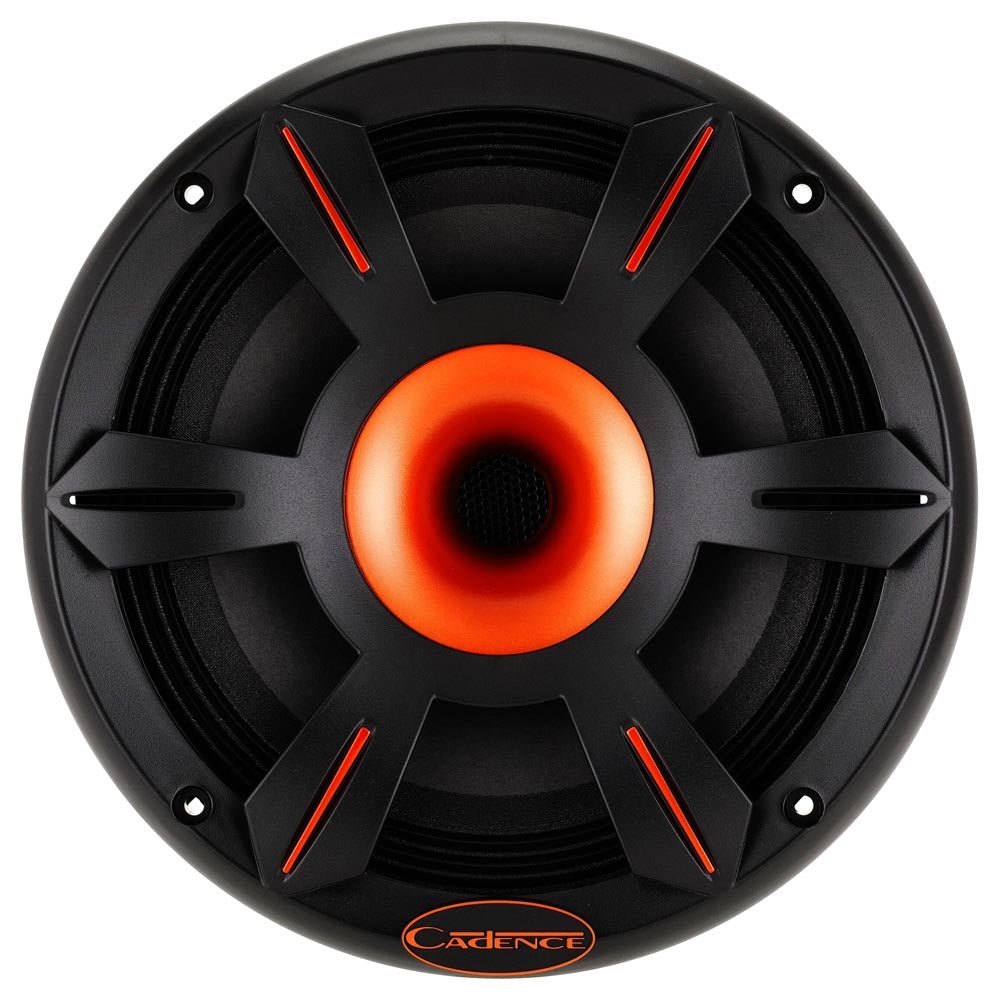 Car speaker with black and orange design on a white background