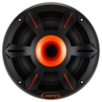 Car speaker with black and orange design on a white background