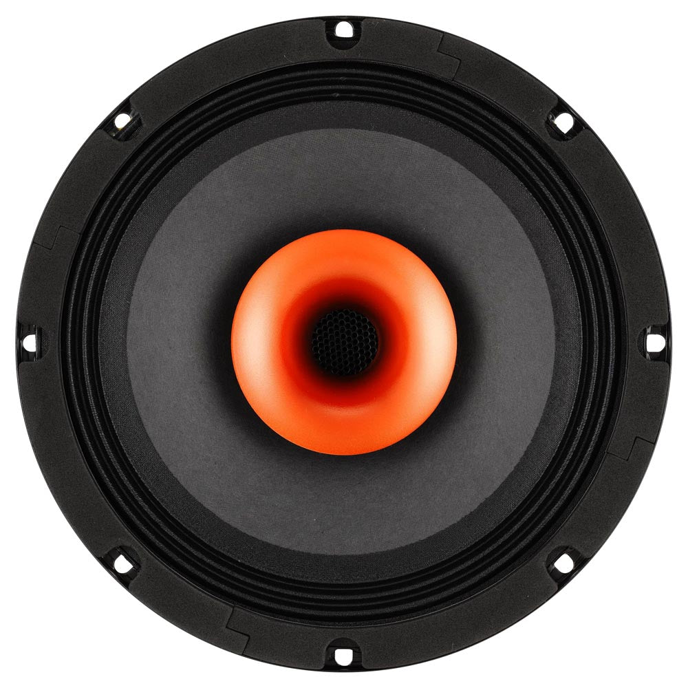 Speaker driver with orange spider and black surround on a white background