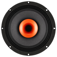 Speaker driver with orange spider and black surround on a white background